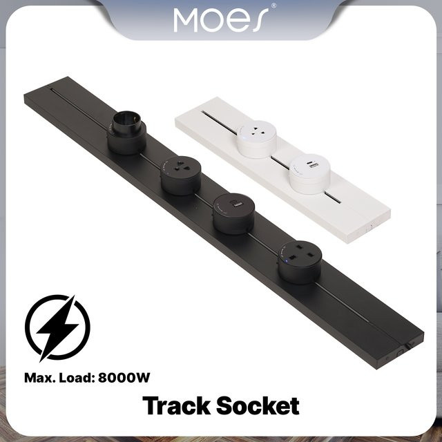 MOES Wandsteckdosenleiste mit beweglicher Schienenführung und USB-C Anschluss in Schwarz für Schreibtisch, Küche und Büro mit EU und UK Steckadapter Universal - Bild 1