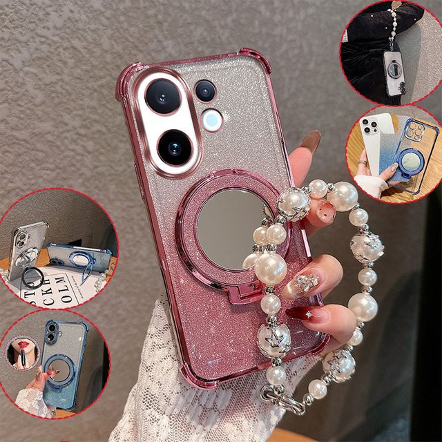 Bling Glitzer Handyhülle für Vivo X200 Fe Y05 Y11D 4G in Pink mit Lippenstift-Spiegel-Ständer und Perlenkette, stoßfeste Schutzhülle für Damen - Bild 1