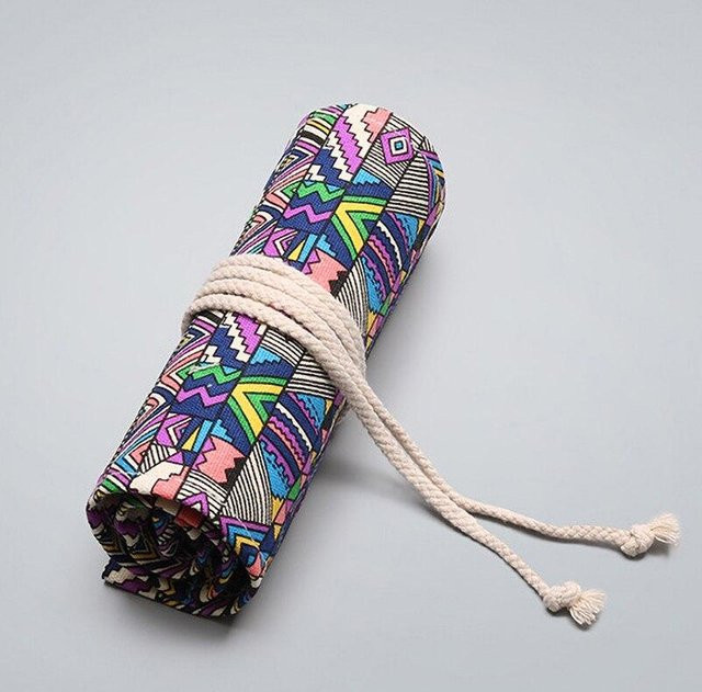 Roll Up Federmäppchen aus Canvas mit 48 Löchern für Schulbedarf und Pinsel in Grau - Bild 1