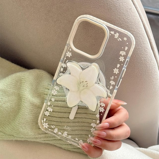 MUQGEW Handyhülle mit Koreanischen Lilienblumen und magnetischer Halterung für iPhone 17 16 15 14 13 12 Pro Max 11, transparent, stoßfeste Schutzhülle - Bild 1