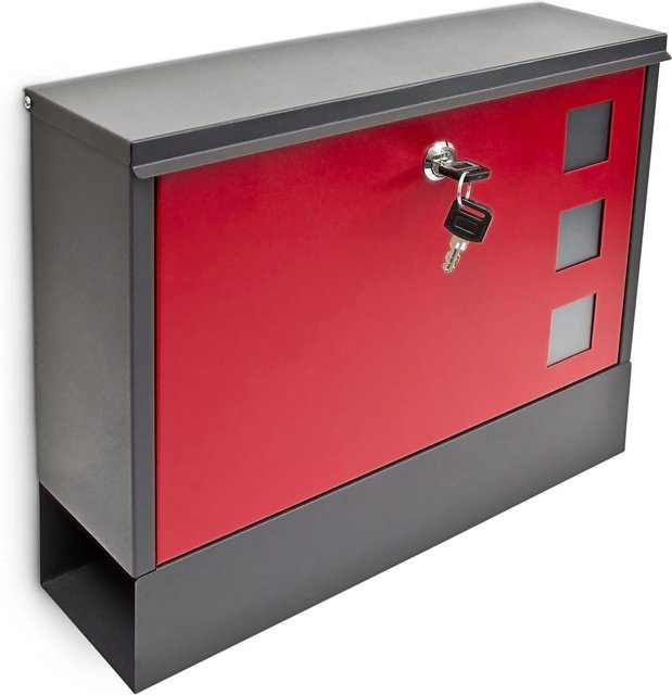 Relaxdays Briefkasten aus Metall in Schwarz und Rot, abschließbar mit Zeitungsablage, B/T/H: 36 x 30 x 10 cm - Bild 1