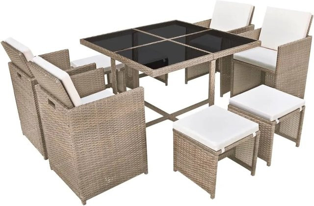 vidaXL 9-tlg Garten-Essgruppe aus Poly Rattan mit Auflagen in Beige - Bild 1