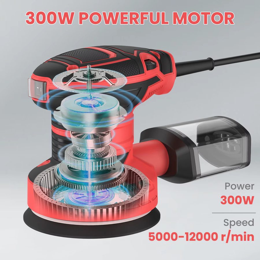 DWiusty Elektrische Schleifmaschine Exzenterschleifer mit variabler Geschwindigkeit, 300W, Rot, Schleifscheiben-Durchmesser: 125 mm - Bild 5