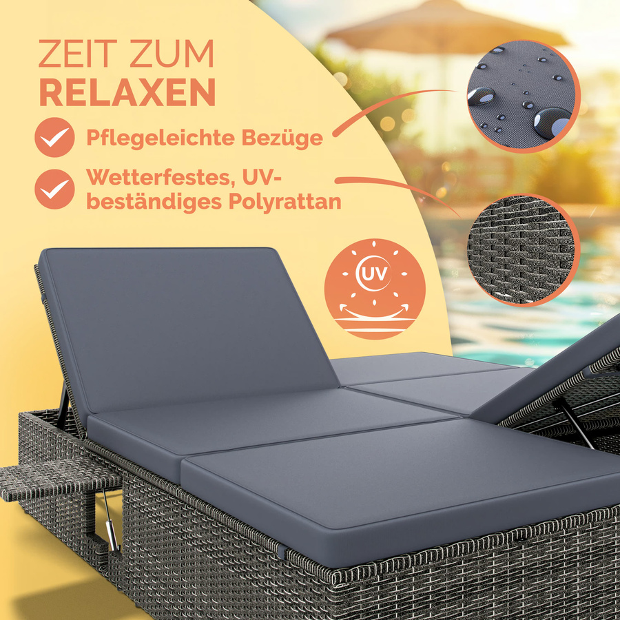 CASARIA Polyrattan Sonnenliege Grau Anthrazit mit wetterfestem Kissen und Seitentisch B/T/H: 160 x 220 x 33 cm - Bild 2