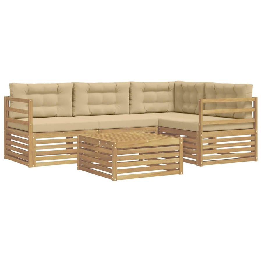 vidaXL Outdoor-Sofagarnitur in L-Form aus Akazienholz mit Kissen und Couchtisch, Weiß und Beige - Bild 2