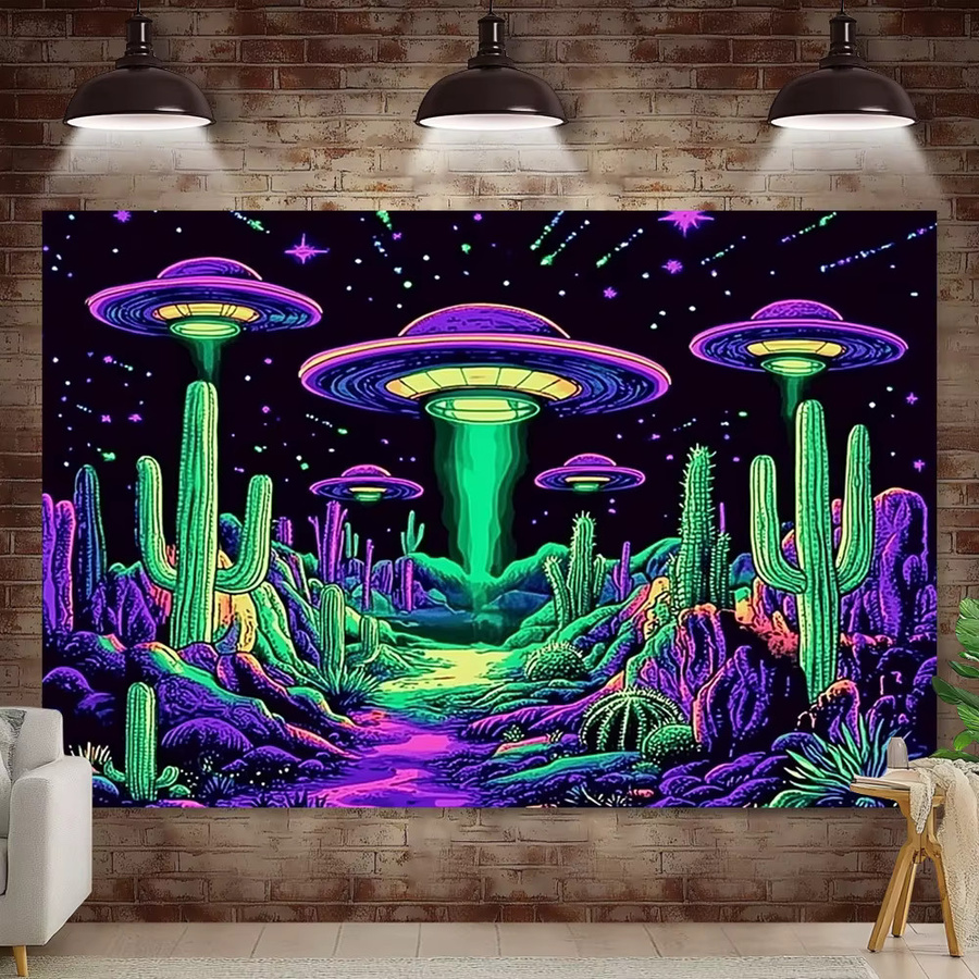 VIKAMA Cyber Desert Wandteppich mit UFO-Kaktus Motiv in Multicolour, Science-Fiction Wandbehang für dein Gaming-Zimmer, B: 60 cm, H: 40 cm - Bild 2