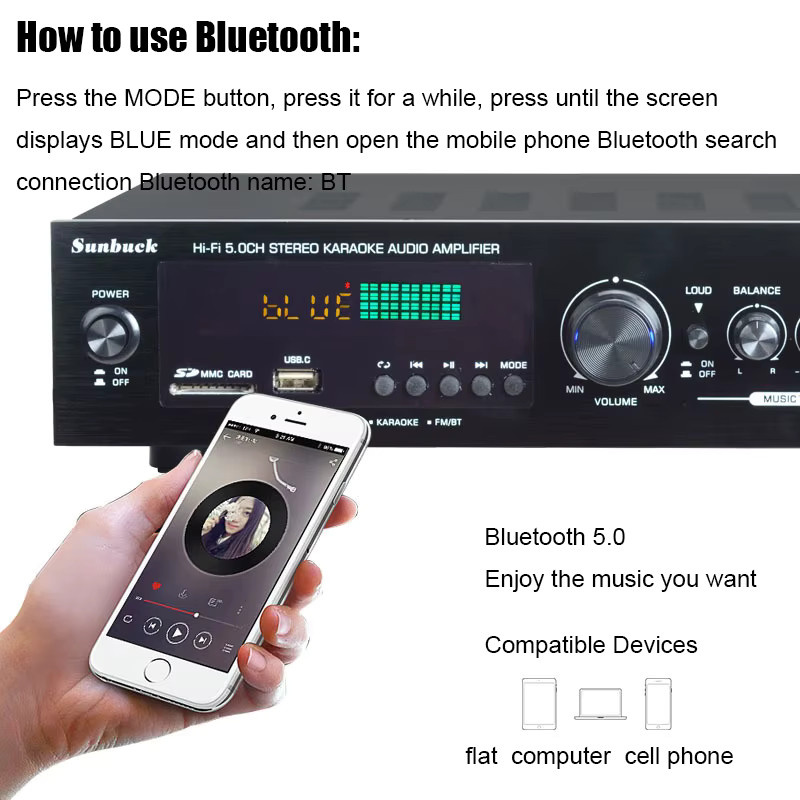 SUNBUCK AV-628/298BT Soundverstärker mit Bluetooth 5.0, FM und USB in Gold - Bild 4
