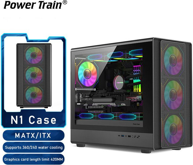 Power Train N1 MATX ITX PC-Gehäuse mit Glasseite und 360-Grad-Mesh-Belüftung in Transparent/Schwarz - Bild 1