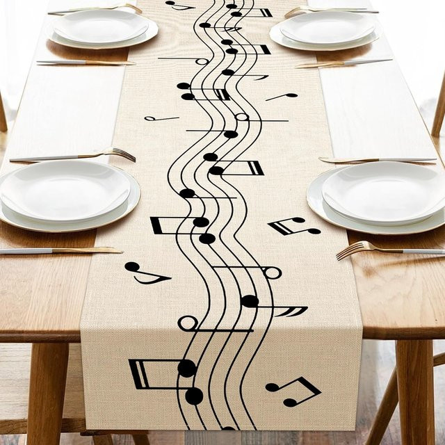 JINGYUE Pet Tischläufer aus Leinen mit Vintage Musiknoten Design in Weiß/Beige, B/T: 150 x 33 cm - Bild 1