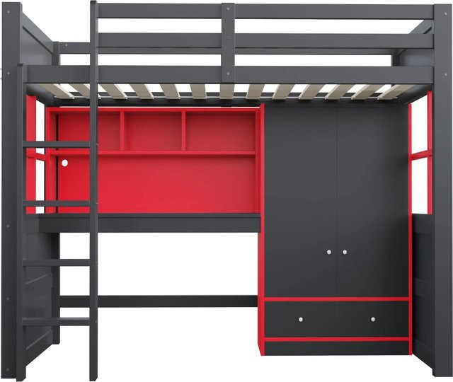 Merax Hochbett mit Gaming-Tisch und Schrank in Schwarz-Rot, B/T/H: 200 x 90 x 174 cm - Bild 1