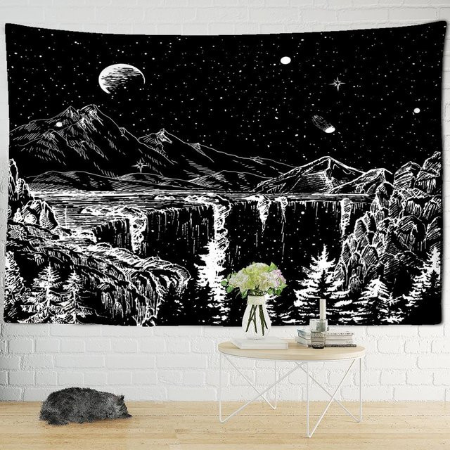 Super Six Wandteppich Kosmischer Nachtblick in Schwarz und Grau, Psychedelische Hexerei Wandbehang im Boho-Stil, B/H: 95 x 70 cm - Bild 1