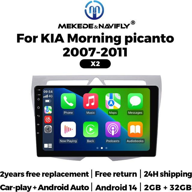NaviFly Android 14 Autoradio mit kabellosem Carplay für Kia Morning Picanto 2007 - 2011, Multimedia-Player mit GPS-Navigation, FM und WIFI, Schwarz - Bild 1