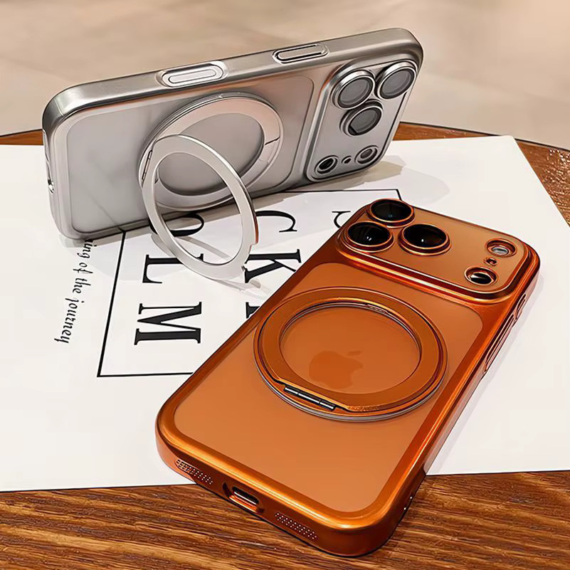Loobival MagSafe Handyhülle aus galvanisierter Hartschalen-PC-Hülle mit Kamerafolie und drehbarem Ständer für iPhone 12 bis iPhone 17 Pro Max, mattierte Abdeckung in Gold oder Orange - Bild 2