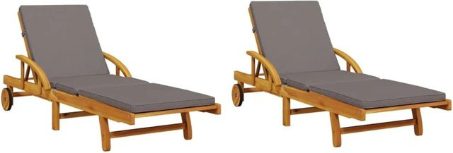 vidaXL Sonnenliegen Set aus 2 Stück aus Akazien-Massivholz mit Auflagen, B/T/H: 200 x 68 x 83 cm, in Braun und Grau - Bild 1