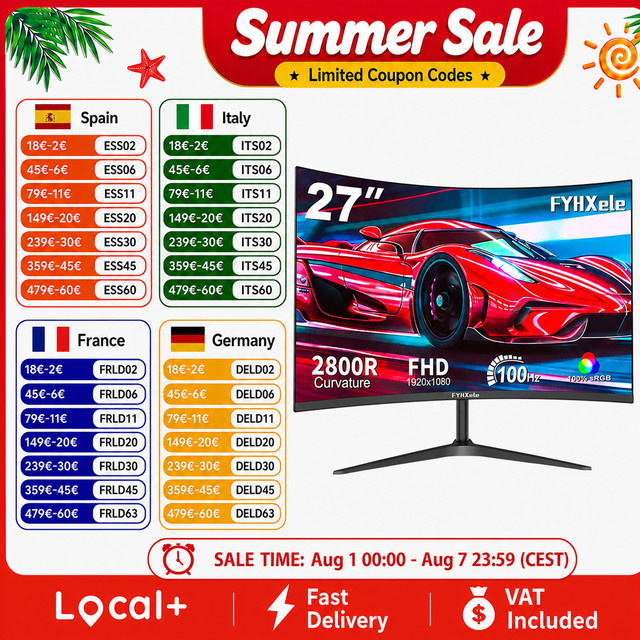 FYHXele Curved Gaming Monitor 27 Zoll, FHD 1080P, 100Hz, CSOT HVA Panel, 2ms, R2800, 99% sRGB, Schwarz - Bild 1