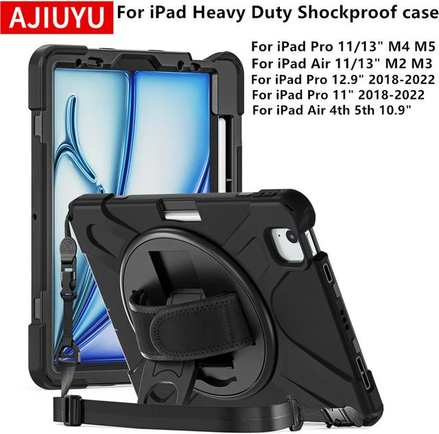 AJIUYU Robuste Kinderhülle für iPad Pro 11 und 13 sowie iPad Air 11 und 13, Stoßfeste Schutzhülle, Farbe: Schwarz - Bild 1