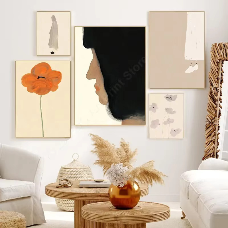 Potdemiel Abstrakte Leinwandmalerei für dein Wohnzimmer mit Mädchen, Blume und geometrischen Linien im minimalistischen Design - Bild 3