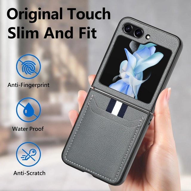 Business Leder Kartenfach Halter Hülle für Samsung Galaxy Z Flip 5G Flip4 Flip3 in Grau - Bild 1