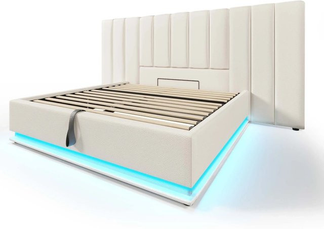 okwish Polsterbett Weiß mit Stauraum, LED-Unterbettbeleuchtung und USB-Anschluss, B/T: 180 x 200 cm - Bild 1