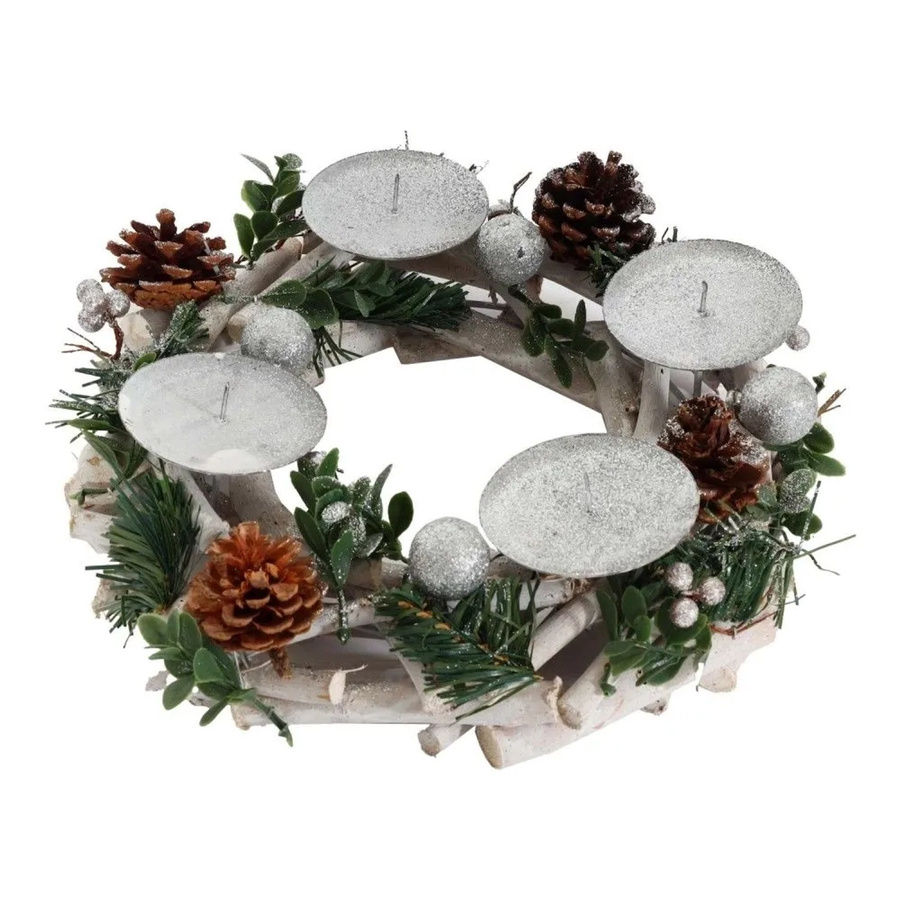 MCW Adventskranz M12 für die Adventszeit in Weiß und Silber, Tischkranz aus Pappel und Metall, B/T/H: 30,0 x 30,0 x 4,0 cm - Bild 2
