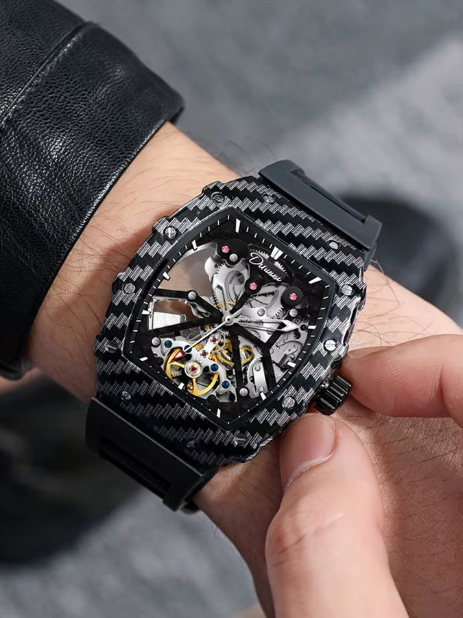 dulunwe Armbanduhr, Tourbillon, Skelett, Schwarz, Edelstahl, Herren - Bild 3