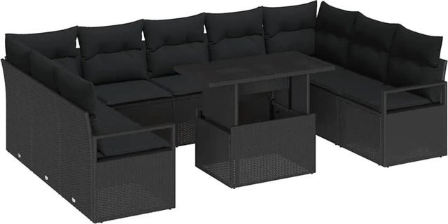 vidaXL Garten-Sofa-Set aus Poly-Rattan in Schwarz mit Kissen und Tisch, 10-teiliges U-Shape Lounge-Set mit pulverbeschichtetem Stahlgestell - Bild 1