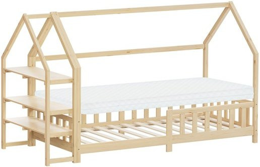 ML-Design Kinderhaus-Bett aus Kiefernholz mit Matratze und Regalfächern, Farbe Natur, B/T/H: 200 x 90 x 140 cm - Bild 1