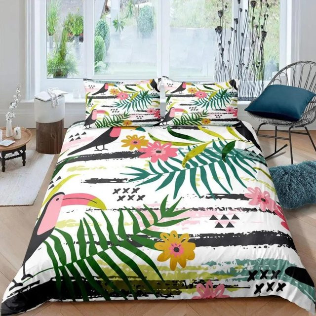 Bettwäsche Set Tropische Vögel mit Kolibri und Blumen in Aquarell-Optik von Your Warm Home, Farbe Weiß Multicolour, Material Polyester Mikrofaser, Breite: 70 cm, Länge: 133 cm - Bild 1