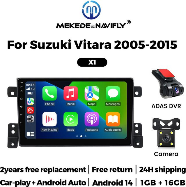 NaviTree Android 14 Auto Radio mit CarPlay und Navigation für Suzuki Grand Vitara 3 (2005-2015) inklusive Rückfahrkamera und Lenkradfernbedienung in Schwarz - Bild 1