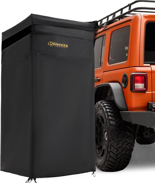 BUNKER INDUST Camping-Duschzelt und Toiletten-Badezelt in Schwarz, höhenverstellbare Markise als Auto-Seitenduschzelt für die einfache Einrichtung - Bild 1