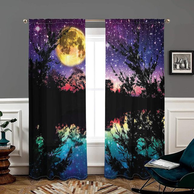 2er-Set Vorhänge mit Sternenhimmel, Mond und Naturmotiv in Lila und Schwarz, B: 150 cm, H: 166 cm - Bild 1