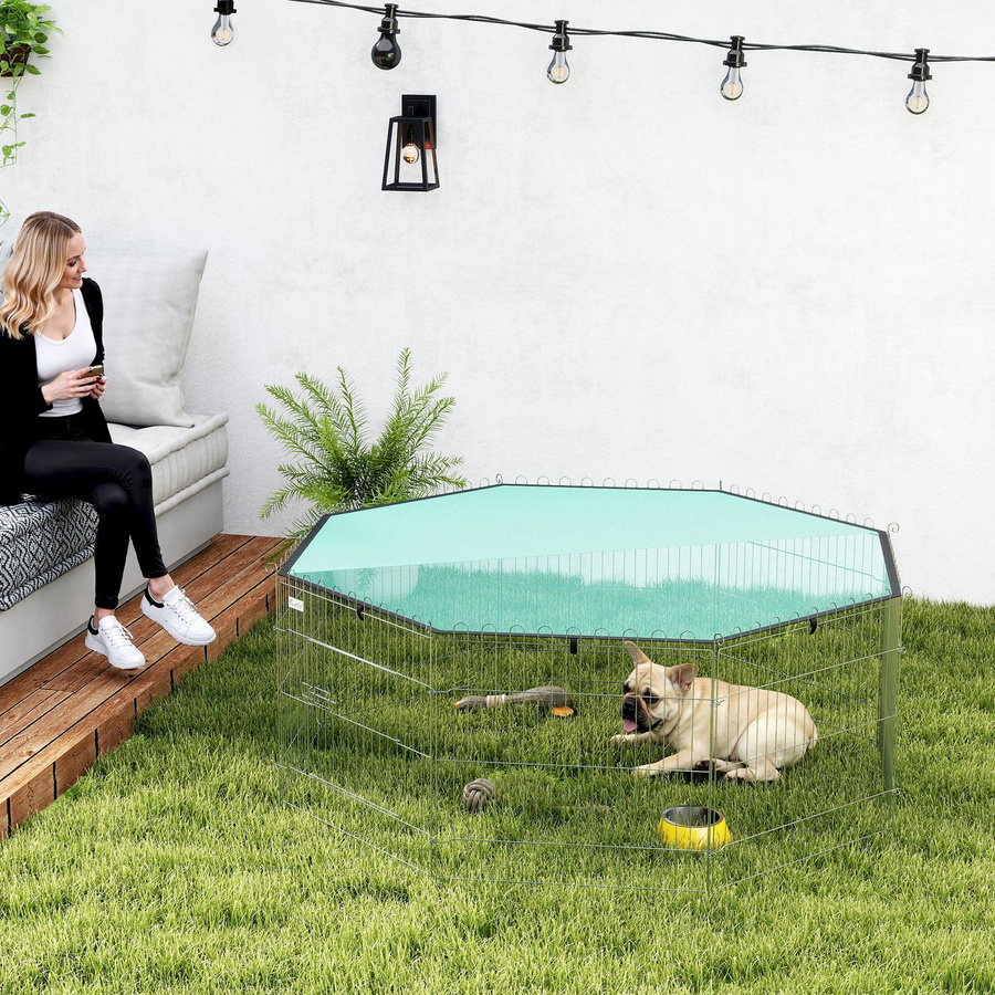 PawHut Hundezwinger 8-Paneel-Gehege mit Dach, modulares und faltbares Tiergehege für kleine Hunde und Katzen, Innen- und Außenbereich, Farbe: Silber/Grün, Höhe: 60 cm - Bild 2