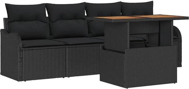 vidaXL Gartensofa-Set aus Poly-Rattan und Akazienholz in Schwarz mit 5 Teilen und Kissen - Bild 1