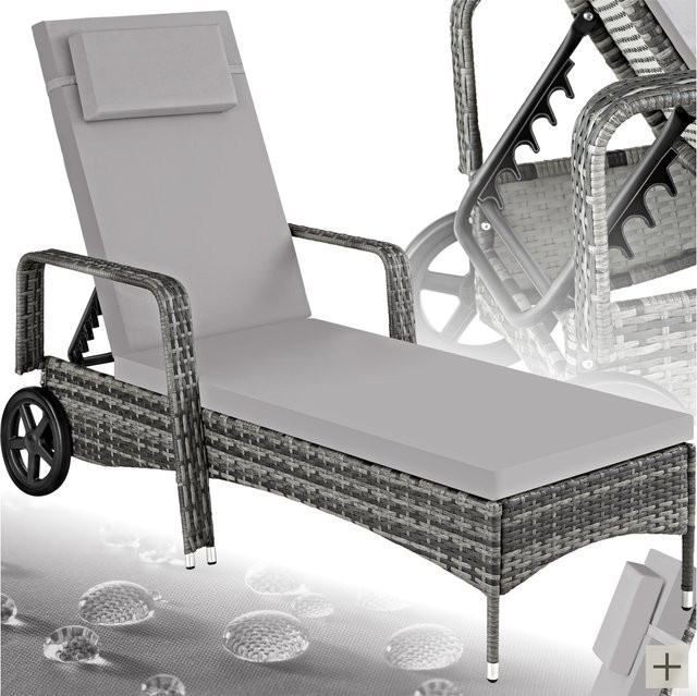 tectake Rattan Sonnenliege mit verstellbarer Rückenlehne und Kissen in Grau, B/T/H: 200 x 70 x 33 cm - Bild 1