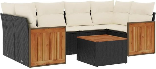 vidaXL 7-teilige Garten-Sofagarnitur in L-Form aus Poly-Rattan und Akazienholz mit Kissen in Schwarz-Creme - Bild 1