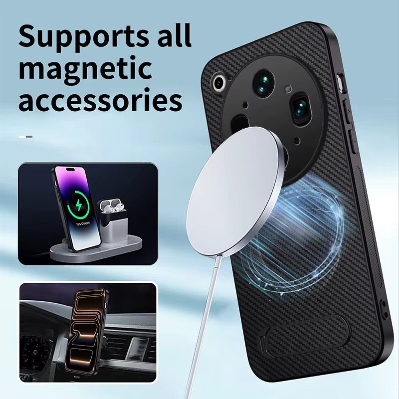 Magnetische Schutzhülle für OPPO Find X9 Ultra in Schwarz mit Carbonfaser- und Leder-Textur sowie Unterstützung für kabelloses Laden - Bild 2