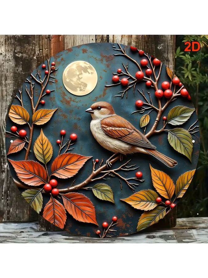 Rundes Aluminiumschild Potdemiel Herbstspatz mit Beeren und Vollmond im Landhausstil, Durchmesser: 20,32 cm - Bild 4