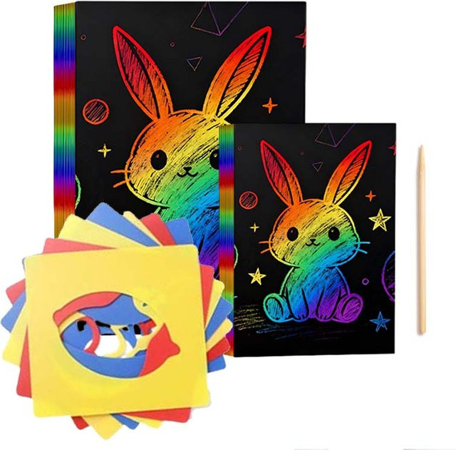 TMZ 10er Set Magische Regenbogen Scratch Art Karten mit Hohlvorlage für DIY Malerei und Kunstprojekte in Multicolour - Bild 1