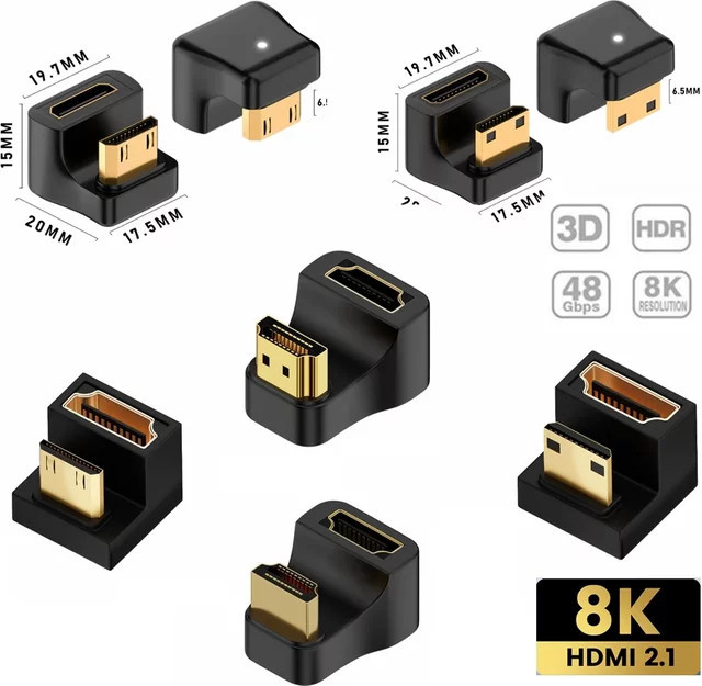 BSN Mini HDMI auf HDMI Adapter 2.1 U-förmig 360 Grad abgewinkelt, 8K 60Hz 5K 4K 3D UHD Konverter in Schwarz - Bild 1