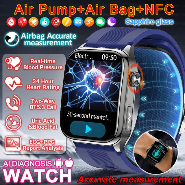 KAVSUMI Smartwatch mit integrierter Luftpumpe und Airbag, Schwarz, mit EKG, PPG, Blutsauerstoff-, Harnsäure- und Blutdruckmessung, Saphirglas und NFC - Bild 1