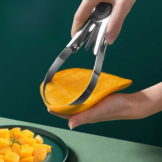 Mango Schäler und Slicer aus Edelstahl in Silber zum Schälen, Entkernen und Würfeln von Obst - Bild 1