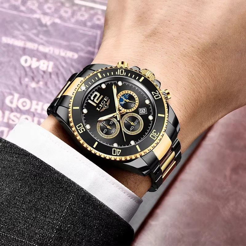 LIGE Armbanduhr Quarz, Edelstahl, Schwarz, Herren - Bild 5