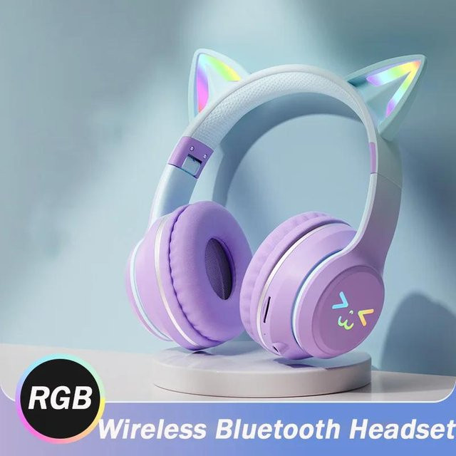 EONIX Bluetooth 5.1 Katzen Kopfhörer mit RGB Farblichtern und Mikrofon in Lila - Bild 1