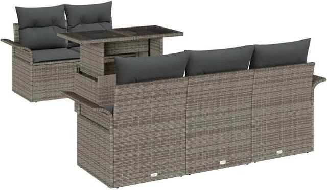 vidaXL Garten-Sofa-Set aus Poly Rattan in Grau mit Kissen, 6-teilig, modern und wetterbeständig - Bild 1
