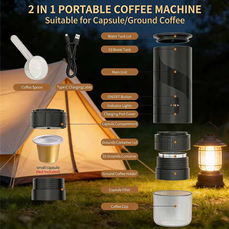 JFBONIN 2-in-1 Tragbare Elektrische Kaffeemaschine mit Kapselfunktion und integrierter Kaffeemühle, Schwarz - Bild 3