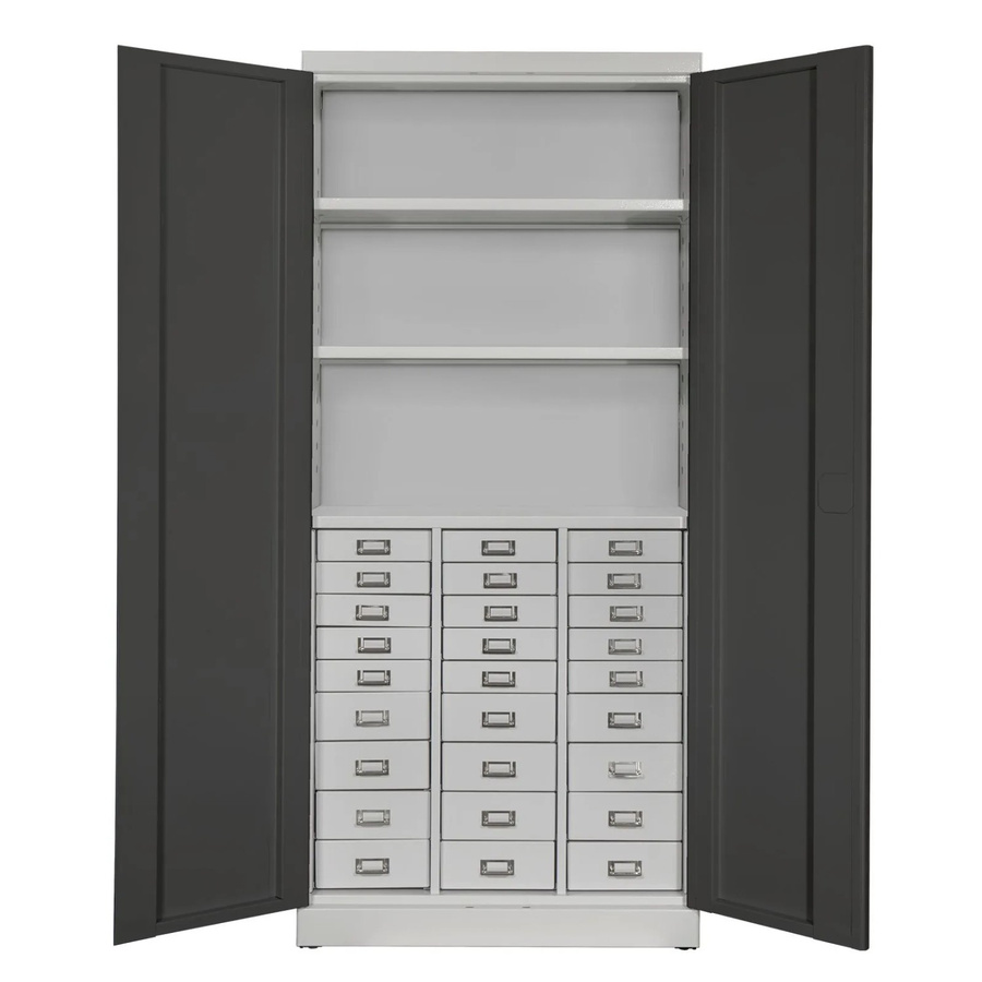 PROREGAL Schubladenschrank Chinchilla aus Stahl mit 27 Schubladen und 3 Ablageböden, H x B x T: 179 x 80 x 41 cm, Lichtgrau/Anthrazitgrau - Bild 2