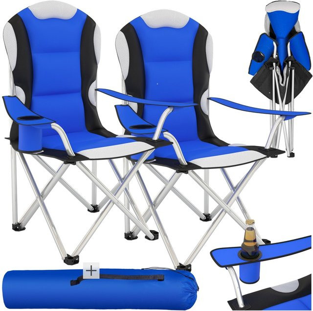 TECTAKE Campingstuhl 2er Set, faltbar, gepolstert, mit Getränkehalter, Blau, B/T/H: 60 x 88 x 110 cm - Bild 1