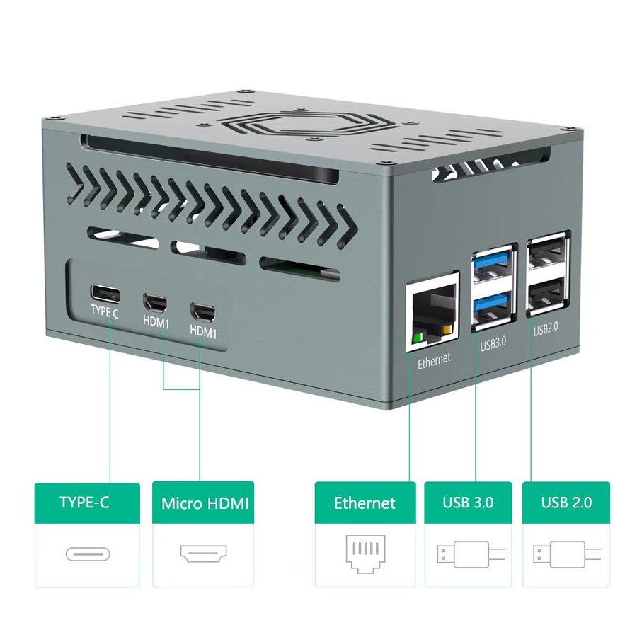 T.F.SKYWINDINTL Aluminiumgehäuse für Raspberry Pi 5 mit 4010-PWM-Lüfter und Kupferkühlkörper in Silber und Grau - Bild 2