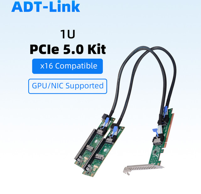 ADT-Link PCIe 5.0 x16 zu MCIO 8i Riser-Karte für Server, 1U Höhe, externes GPU-Erweiterungs-Backplane-Kit, Farbe: Grün - Bild 1