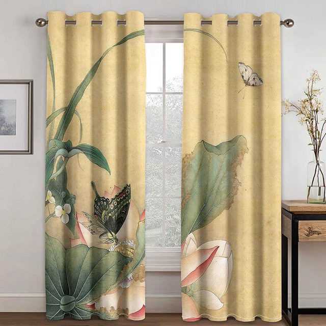 2 Stück Halbschatten-Vorhänge mit Blumenmuster aus Polyester in Rot und Beige, Ösenschienen-Vorhänge für dein Wohnzimmer, Breite: 50 cm, Höhe: 160 cm - Bild 1